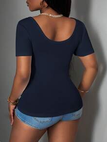 Slaydiva 2025 New Basic Racerback Tank Top For Plus Size Women, Deep V-Neck Ribbed Knit Sleeveless White T-Shirt - Navy Blue - View 2