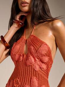 COSMINA Vestido largo transparente con decoración floral elegante para mujer, adecuado para vacaciones en la playa, primavera/verano - Naranja - Ver 7