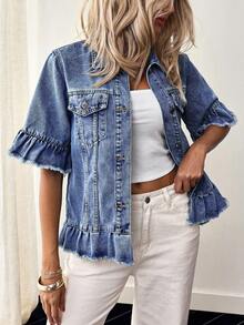 EMERY ROSE Plus Size Women Casual Single-Breasted Frayed Hem Denim Jacket, Versatile For Daily Wear - Blue - View 6