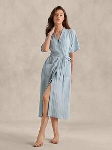 Women's Retro British Style Basic Casual Fashion Light Blue Pleated Fabric Short Sleeve Robe - Baby Blue - View 1