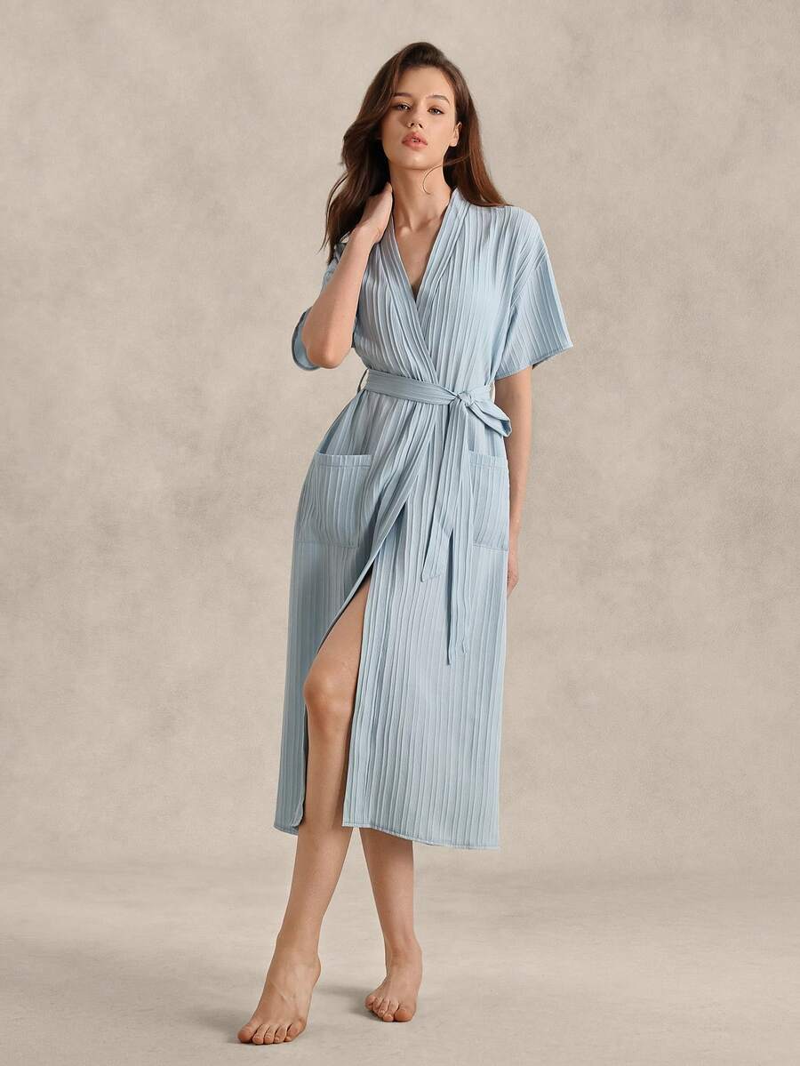 Women's Retro British Style Basic Casual Fashion Light Blue Pleated Fabric Short Sleeve Robe - Baby Blue - View 1