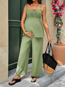 SHEIN Maternity Summer Vacation Solid Color Camisole And Pants 2 Pieces Set - Army Green - View 5