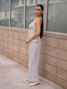 Andrea Bello 女士休闲条纹简约两件套，适合春夏外出穿着，粉色 - 綠色 - 查看 4