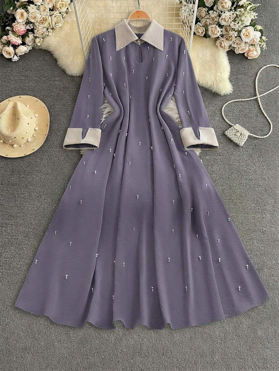 Al Najma 女士休闲拼接仿珍珠装饰阿拉伯风格连衣裙,适合派对和外出穿着 - 紫色 - 查看 1