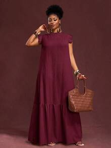 Veslaya Elegant Summer Burgundy Maxi Dress For Plus Size Women, Vacation & Casual Loose Woven Textured Fabric Sleeveless Ruffle Trim Collar Dress - Burgundy - View 5