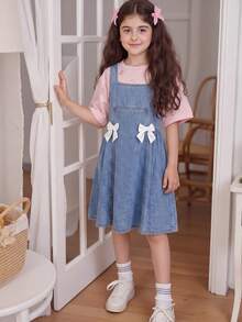 SHEIN Girls' Stylish Denim Suspender Dress, Soft Washed Denim Princess Dress, Summer New Design - Blue - View 8