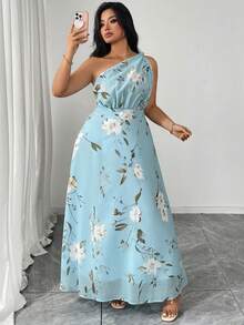 SHEIN Clasi Vestido longo plus size feminino com estampa floral, sem mangas e com ombros à mostra. Elegante para uso diário e ao ar livre, perfeito para o verão. - Azul - Ver 7
