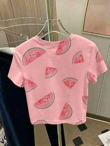 Áo thun croptop in hình dưa hấu, thoải mái và thoáng khí cho mùa hè - Hồng - Xem 2