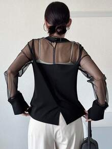 FRIFUL Damen Einfarbiges Mesh Patchwork Langarm Modisches T-Shirt - Schwarz - Übersicht 2