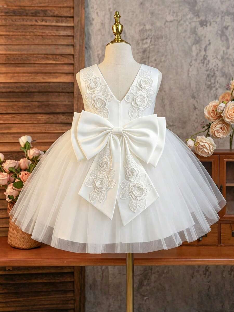 Glamorique Kids 女婴白色网纱缎面无袖连衣裙，花卉刺绣露背蝴蝶结装饰，简约度假风连衣裙，适合婚礼、生日、派对、舞台表演等场合，公主风 - 米色 - 查看 1