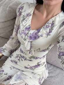 Feyla 女士印花荷叶边领灯笼袖褶裥优雅中长连衣裙 - 彩色 - 查看 2