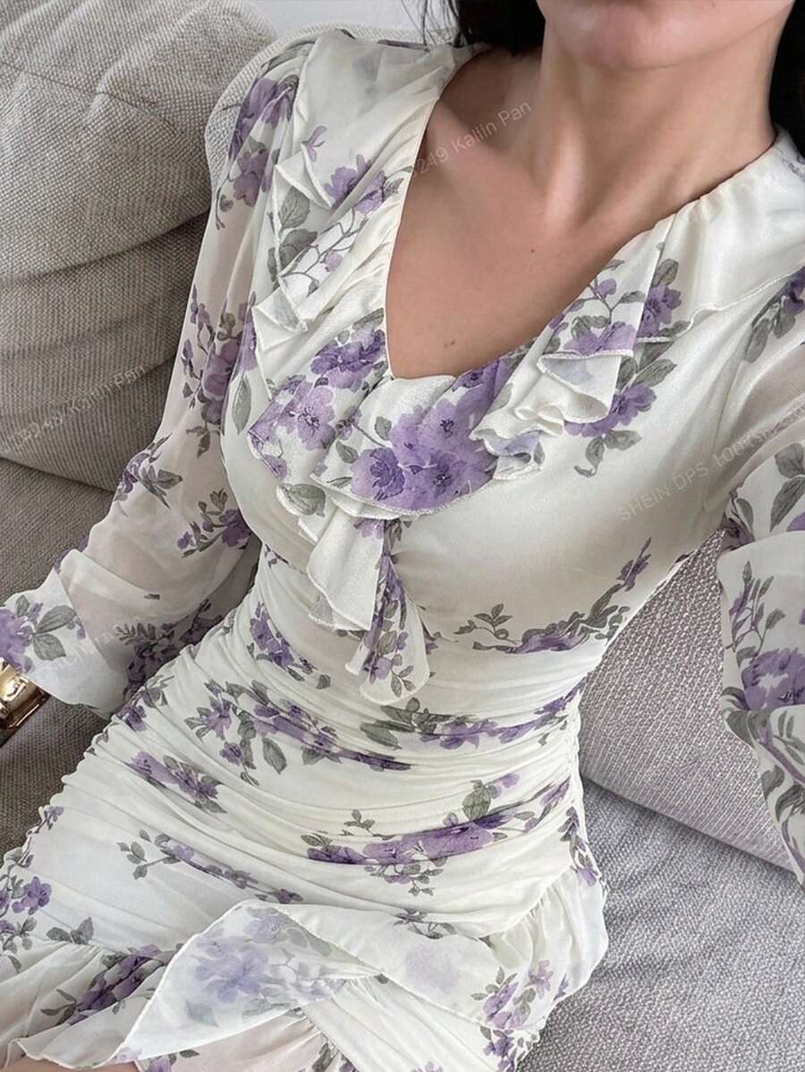 Feyla 女士印花荷叶边领灯笼袖褶裥优雅中长连衣裙