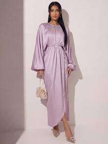 Modelyn Women's Solid Color Minimalist Elegant Long Sleeve Dress, Casual Everyday Wear Tea Party Lilac Purple Autumn - Lilac Purple - View 1