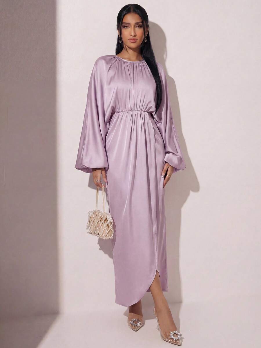 Modelyn Women's Solid Color Minimalist Elegant Long Sleeve Dress, Casual Everyday Wear Tea Party Lilac Purple Autumn - Lilac Purple - View 1