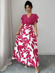 Elenzga 女士优雅酒红色叶子图案褶皱短袖修身连衣裙，春夏款 - 玫紅色 - 查看 3