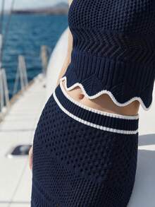 SHEIN Luminelle Bộ 2 món áo không tay và chân váy ngắn dệt kim khoét lỗ dành cho nữ, mùa hè. - Màu xanh hải quân - Xem 6