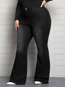 SHEIN CURVE+ Jeans évasés en jean décontracté polyvalent avec poches pour femmes grandes tailles - Noir - Voir 3