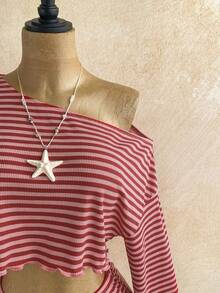 Soleia Women's Striped Asymmetrical Shoulder Long Sleeve Cropped T-Shirt And Shorts 2-Piece Set - Red - View 4