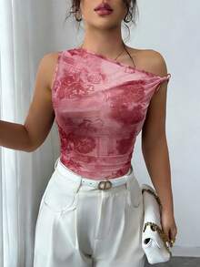 SHEIN Clasi 女士印花不对称肩部修身时尚衬衫 - 玫紅色 - 查看 3