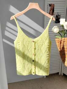 Franclia Lightweight Hollow-Out Knit Sleeveless V-Neck Vest Top, Retro Waistcoat For Summer - Light Yellow - View 5