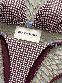 Swim Vcay Bộ bikini hai mảnh gợi cảm màu đỏ trắng kẻ caro buộc dây cổ, đính hạt cườm xanh, thích hợp cho kỳ nghỉ xuân/hè 2026. - Nhiều màu - Xem 3