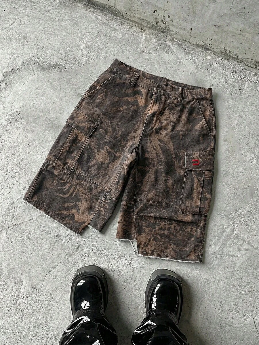 NEON BLANC Men's Fashion Print Frayed Hem Denim Shorts - Brown - View 1