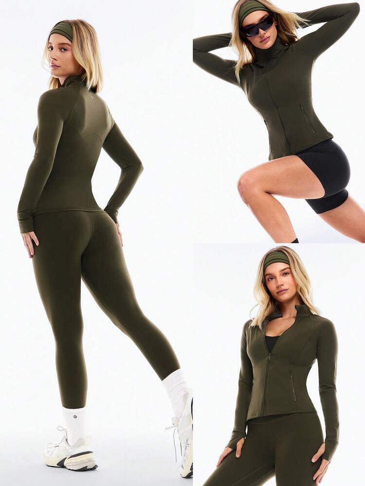 FeatherFit™ Slim-It Streamline Performance Secure Pockets Zip Up Long Sleeve Jacket Low Impact Yoga Pilates Daily Spring Summer