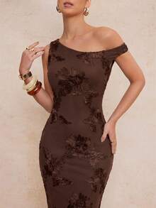 Lumalex 薄荷绿不对称肩部无袖修身网纱连衣裙，春夏新品 - 棕色 - 查看 3