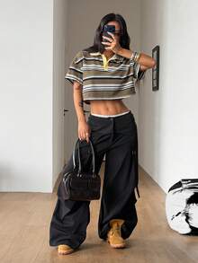 SHEIN Coolane 女士春季街头风外出返校大学生穿搭学院风复古返校节Y2K日常休闲老钱风弹力舒适酒红色蓝条纹短款POLO衫 - 彩色 - 查看 2