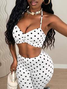 SHEIN BamGlam Bộ đồ nữ 2 mảnh mùa xuân/hè mới, trang phục thường ngày tối giản cho mùa hè, bộ đồ phối hợp đơn giản cho nữ, trang phục chấm bi mùa hè cho nữ, bộ đồ chấm bi trắng thường ngày cho nữ. - trắng - Xem 8