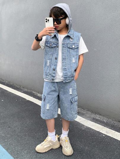 SHEIN 2Pcs Tween Boy Fashion Casual Y2k Vintage Cool Street Cut Out Ripped Frayed Basic Simple And Comfortable Blue Denim Knitted Hooded Sleeveless Vest And Comfortable Loose Denim Shorts 2-Piece Set For Kids Clothes Tween Boy Dailywear And Kids Spring And Summer Rave Outfits Festival And Outfits Streetwear Clothes