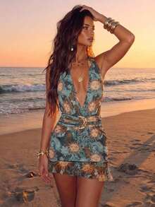 Aloruh Women's Teal Deep V-Neck Sleeveless Halter Backless Vintage Boho Summer Dress,Holiday Vacation Outfits For Party,Festival Beach Coachella Clothing - Multicolor - View 11