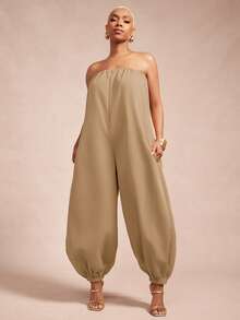 Vixey Solid Woven Strapless Balloon Hem Jumpsuit - Camel - View 2