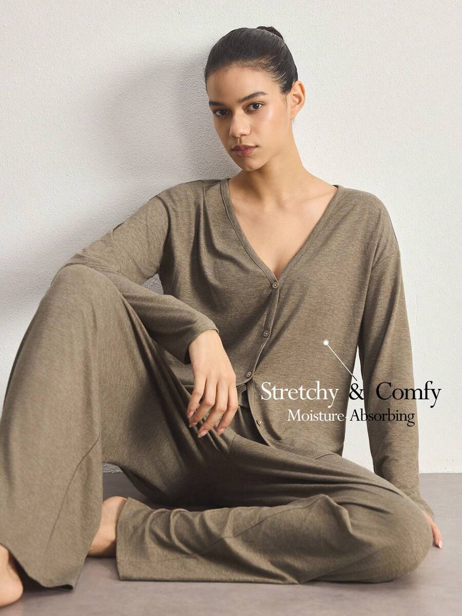 Ocili Minimalist Comfortable Collarless Soft Pajama Set For Women - Mocha Brown - View 1