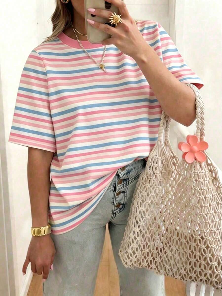 EMERY ROSE 女士条纹短袖T恤，休闲户外服，可爱T恤，家居服 - 彩色 - 查看 1