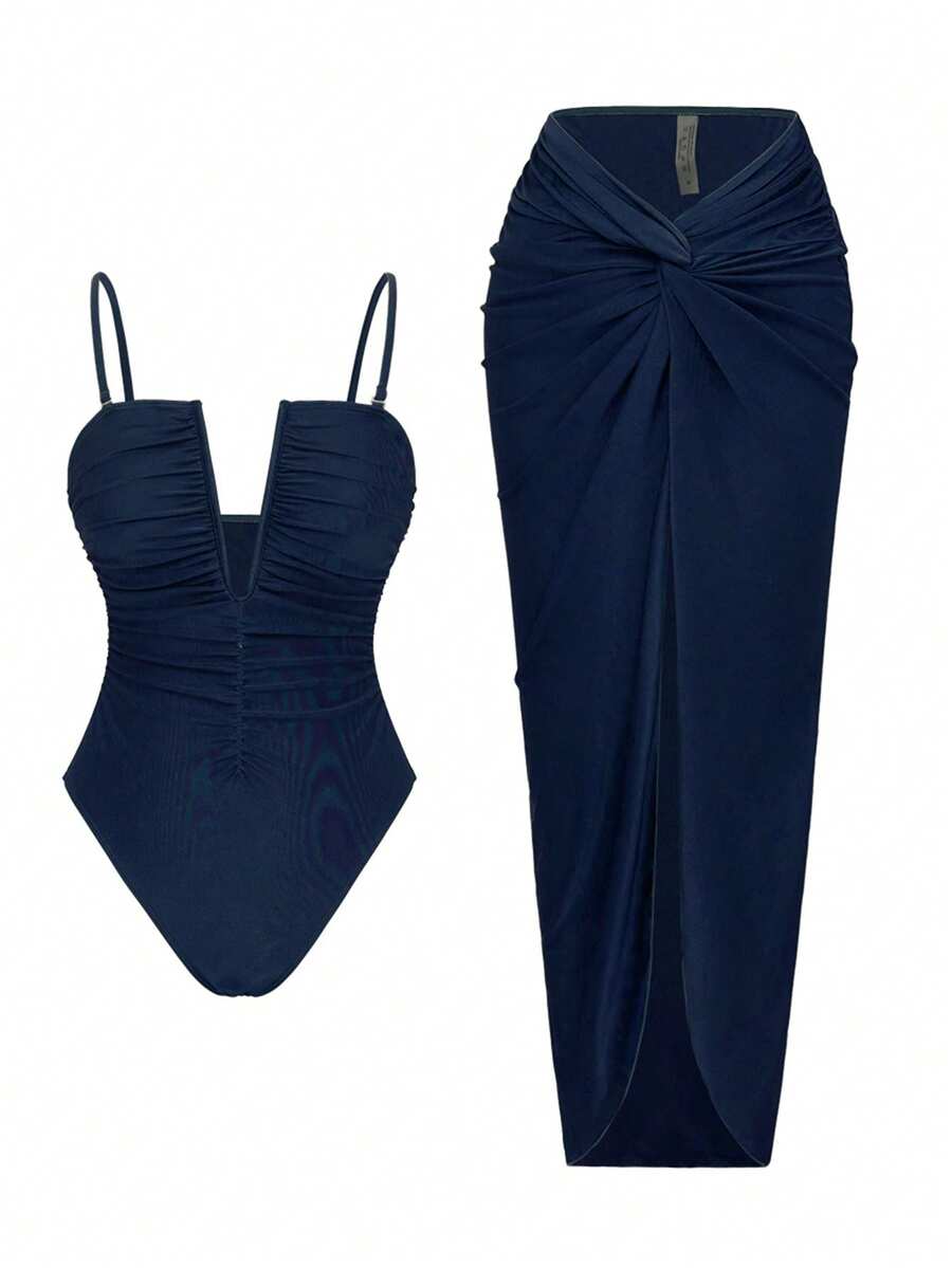 Swim Oasis 2pcs/Set Sexy Solid Color V-Neck Ruched Spaghetti Strap Bandeau One-Piece Swimsuit & Front Twist Slit Beach Dress Set - Blue - View 1