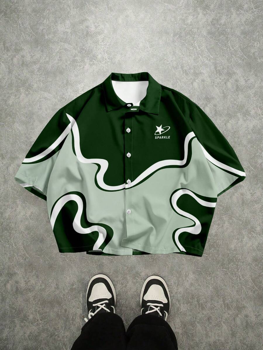 Manfinity EMRG Áo sơ mi ngắn tay in họa tiết, phối màu tương phản, cài cúc phía trước, kiểu dáng thường ngày, thích hợp cho mùa hè. - Nhiều màu - Xem 1