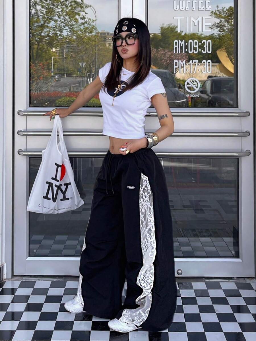 Coolane 女士春夏音乐会街头风撞色降落伞裤 - 黑色 - 查看 1