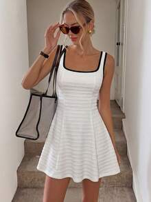 SHEIN LUNE Vestido mini sin mangas blanco y negro de tela texturizada, casual y elegante, para mujer, básico de moda para verano, vacaciones, ir al trabajo y uso diario, nuevo lanzamiento, conjunto de vestido casual para mujer, para playa, brunch, fiesta de té, vacaciones, temporada de graduación y concierto campestre, vestidos de verano para mujer - Beis - Ver 3