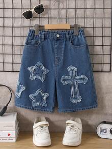 Mirajuku 青少年男孩藍色夏季街頭生活休閒圖案街頭時尚城市度假牛仔短褲，做舊刺繡補丁彈性腰直筒褲腿 - 中等水洗藍 - 查看 4