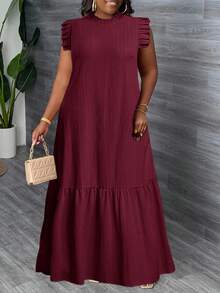 Veslaya Elegant Summer Burgundy Maxi Dress For Plus Size Women, Vacation & Casual Loose Woven Textured Fabric Sleeveless Ruffle Trim Collar Dress - Burgundy - View 1