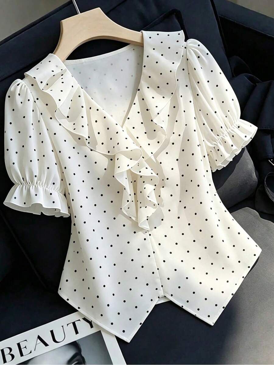 SHEIN Franclia Women's Black Polka Dot Chiffon Blouse, Elegant Romantic Ruffle Hem V-Neck Ruffle Trim Puff Sleeve Casual Blouse, Fashionable For Summer ,Polka Dot Print Elegant Asymmetric Design Round Neck Blouse For Women,Women's Stylish And Elegant Polka Dot Print Blouse, Perfect For Holiday Vacations. Features An Asymmetrical Hem, A Sexy And Fashionable Backless Design, And A Black Polka Dot Blouse Style. A Sexy Vacation Top. Polka Dot Top Polka Dot Shirt Scarf Top,Lamini Women's Spring & Summer Casual Vacation Style Ruffled Layered Chiffon Polka Dot Print Waist Tie Shirt, Flattering Fit, Suitable For Beach Black & White Polka Dot Backless Cinched Waist Tank Top, Asymmetric Neckline, Versatile For Commuting, Vacation, Beach, Casual Dating, Summer - Apricot - View 1