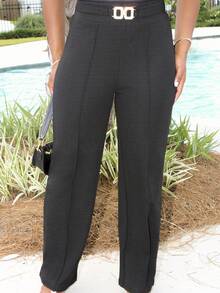 Steph T Pantalon minceur texturé en tissu élastique tricoté minimaliste pour femmes de la série Petite, avec décoration métallique - Noir - Voir 3
