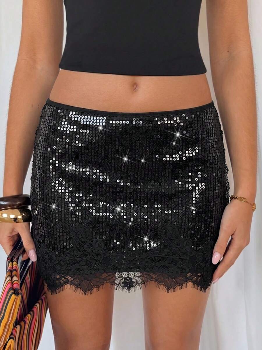 TRNVIE Chân váy ngắn cạp thấp đính sequin và ren dành cho nữ, thích hợp cho các bữa tiệc mùa xuân/hè. - màu đen - Xem 1