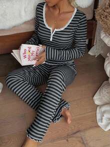 SHEIN Lace Trim Square Collar Striped Print Long Sleeve Pajama Set - Multicolor - View 4