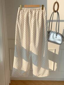 Comfortcana Plus Size Women Loose Apricot Polka Dot Knitted Drawstring Wide Leg Pants - Apricot - View 6