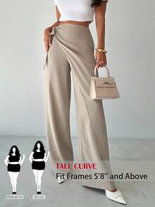 SHEIN Tall CURVE CURVE 大尺碼女款高個子卡其色夏季休閒寬腿長褲，綁帶高腰優雅長褲，適合度假、儀式與派對穿著 - 杏色 - 查看 5