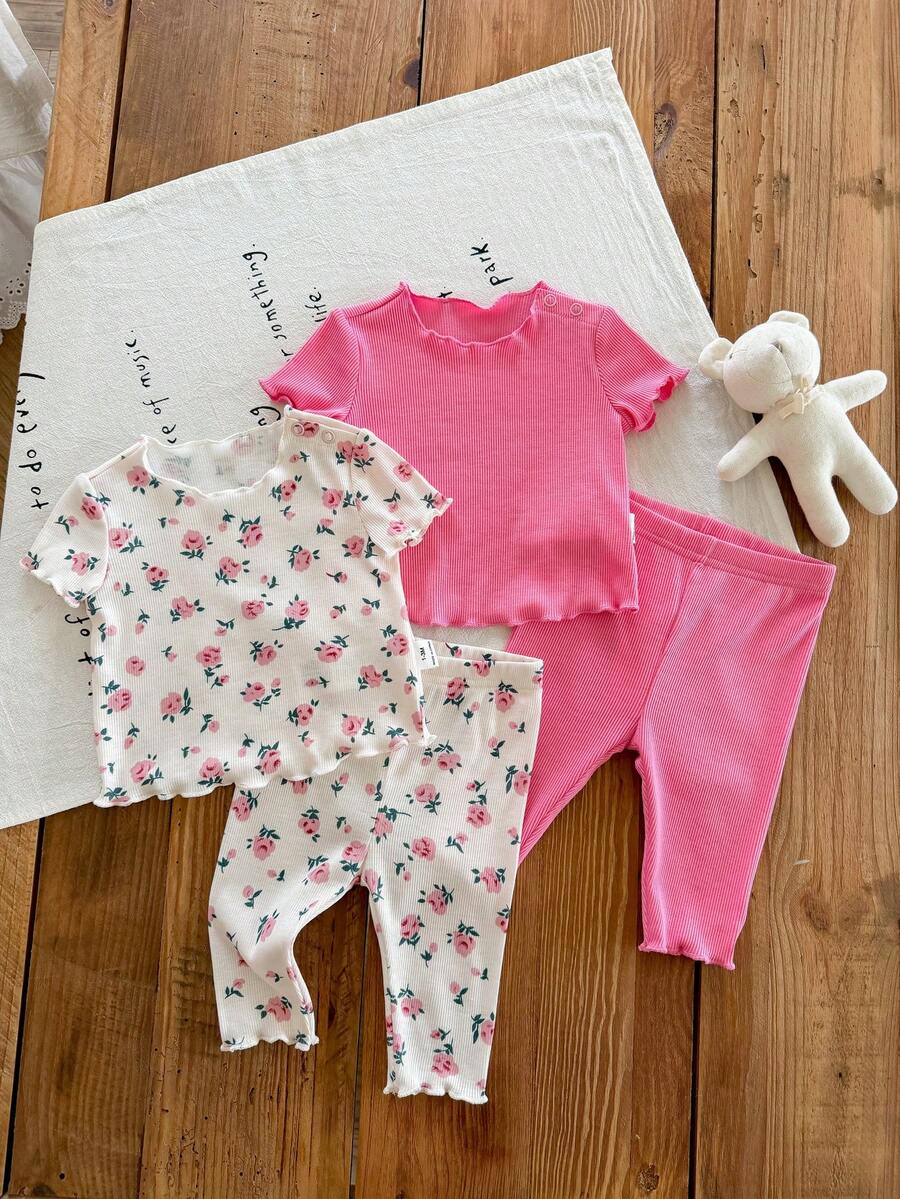 SHEIN LMoss Kids Dozemod 儿童新生女宝宝夏季休闲碎花荷叶边圆领短袖上衣和裤子四件套针织睡衣套装 - 粉色 - 查看 1