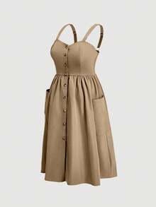 Hourglow Plus Size Women's Solid Color Simple Daily Pocketed Sling Dress, Graduation Dress, For Body Shape, For Summer - Khaki - View 3