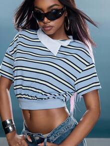 Asymmetrical Collared Neckline Striped Polo Top Fashionable Streetwear Cropped Polo Top - Blue - View 12